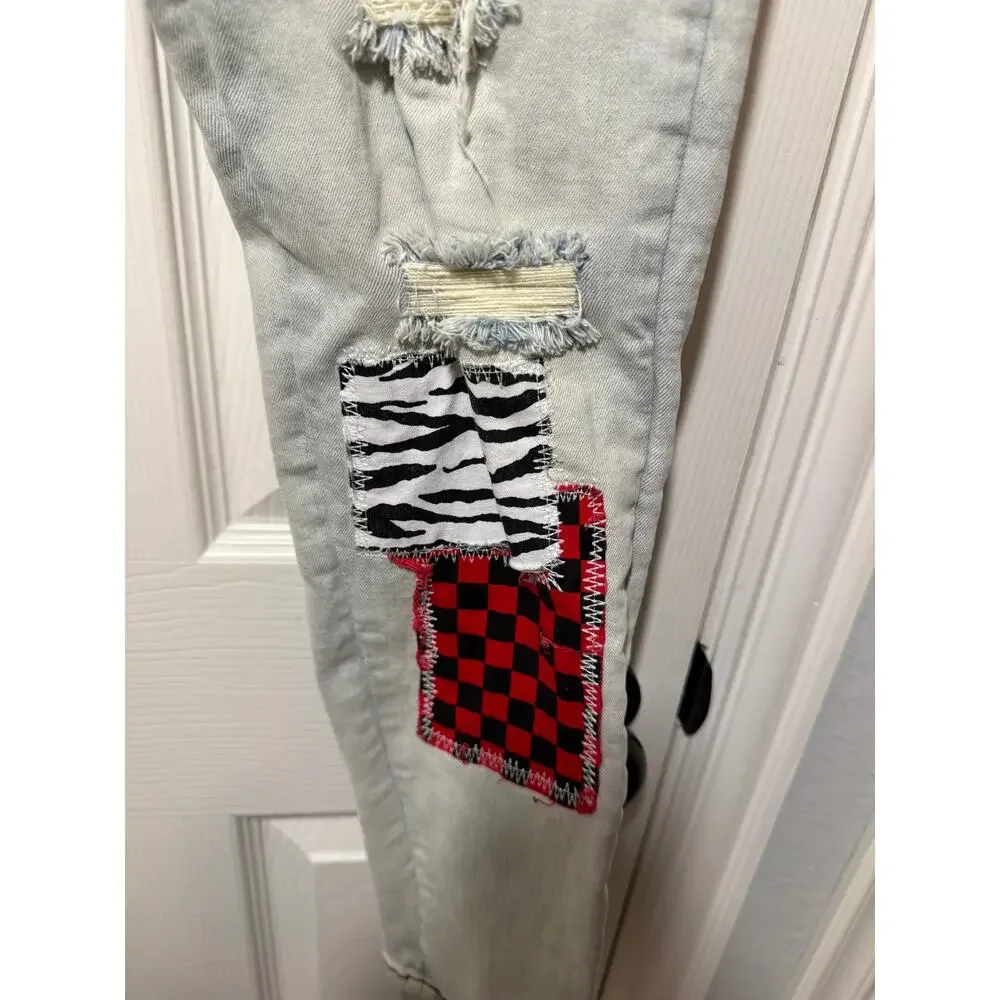 Denim City Patchwork Jeans Waist 34 Y2K Grunge Distressed Multi Print